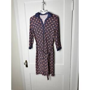 J. McLaughlin Blue Orange Floral Medallion Catalina Cloth Belted Stretch Dress M